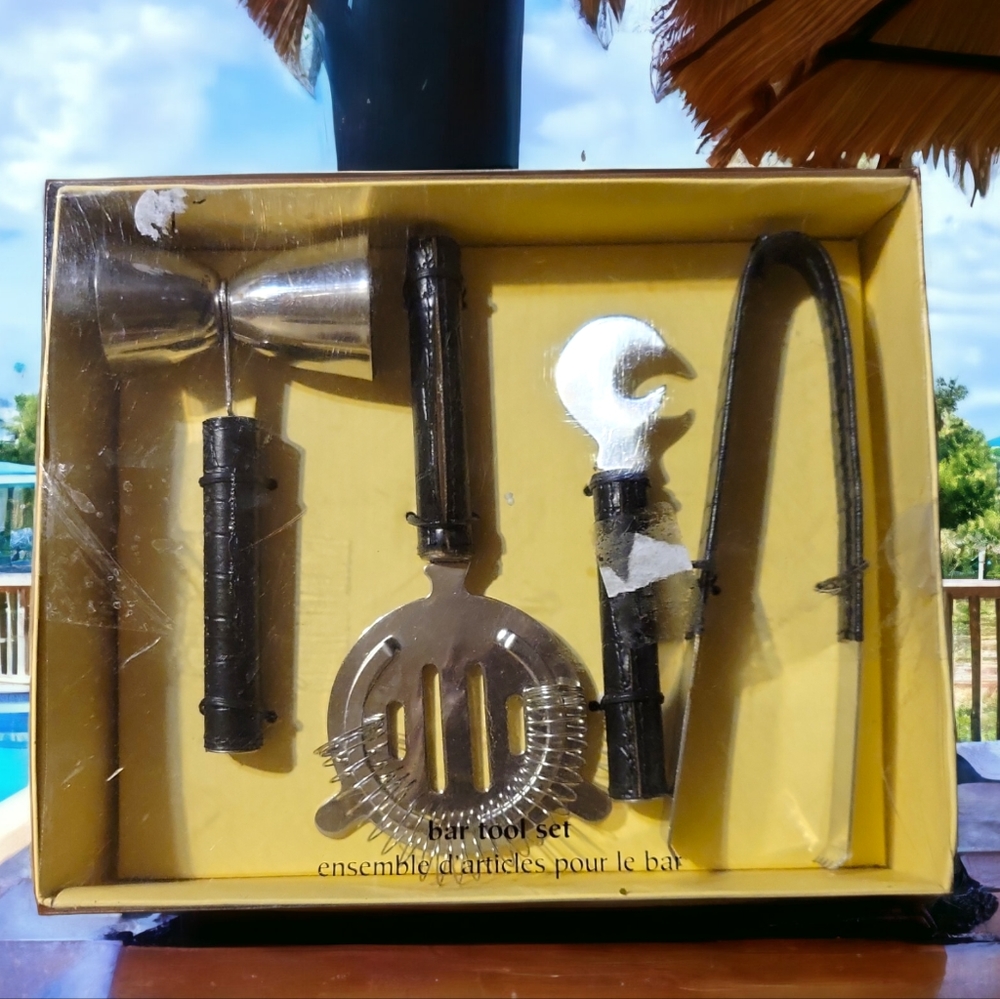 Vtg Pier 1 Import 4 Piece Bar Tool Set Bar Measurer Strainer Bottle Opener Tongs